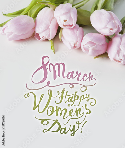 8 March. Happy women’s day! Card with pink tulips © Crazy nook