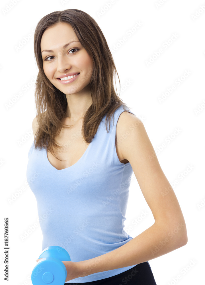 Young woman exercising with dumbbell, isolated Young woman exercising with dumbbell, isolated