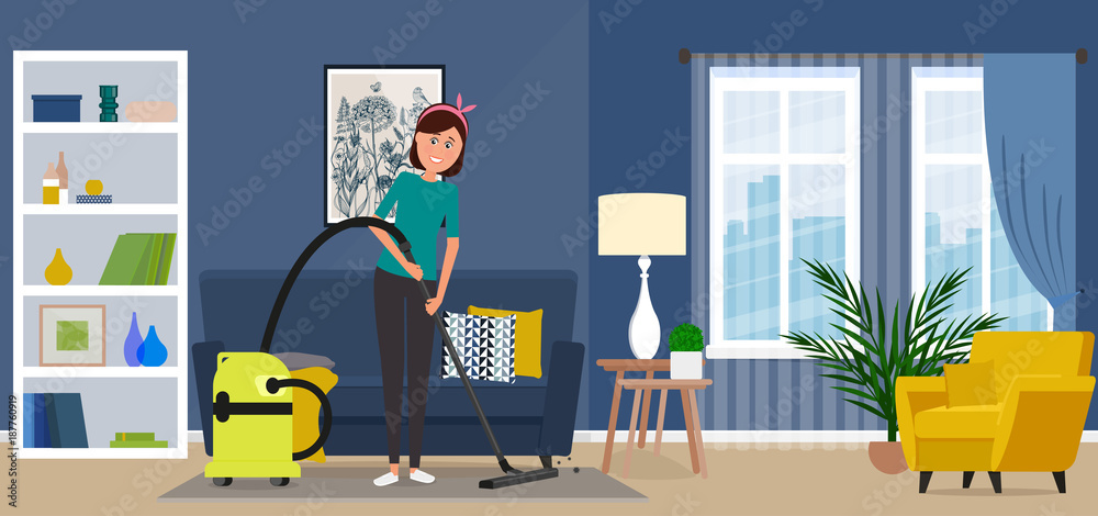 Beautiful housewife woman vacuuming a carpet. Stock Vector | Adobe Stock