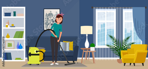 Beautiful housewife woman vacuuming a carpet.