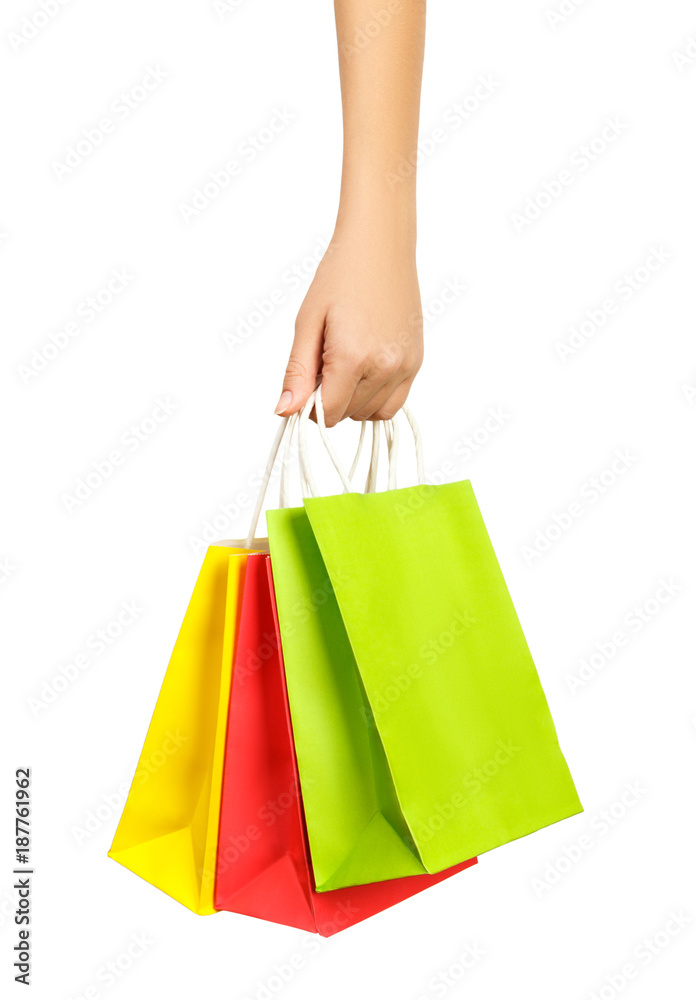 closeup or picture of multi colored shopping bags. isolated on white background
