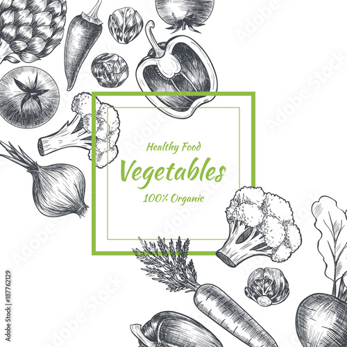 Vector frame with vegetables . Hand drawn. Vintage style