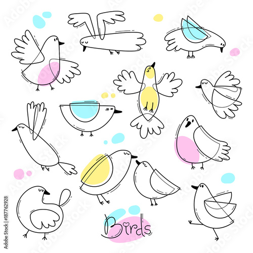 Set variety of abstract birds. Simple line design. Vector illustration