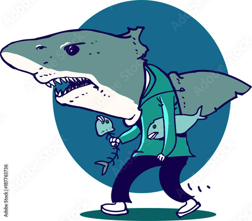 walkng great white man funny cartoon vector illustration