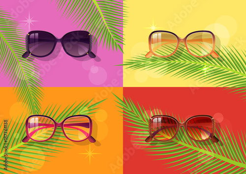 Summer sun protection sunglasses realistic pictures set, womens sunglasses isolated vector illustration, color background