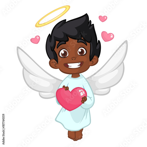 Cute Indian or Arab Boy Cupid Hugging a Heart. Cartoon illustration of Cupid character for St Valentine's Day isolated on white