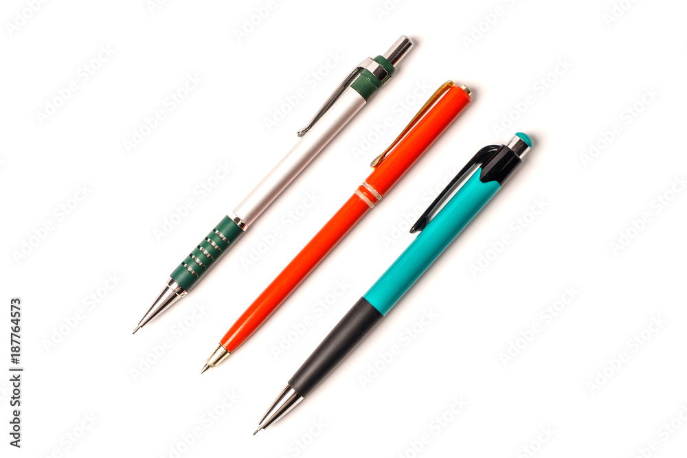 Two pencils with red pen isolated on white background Two pencils with red pen isolated on white background