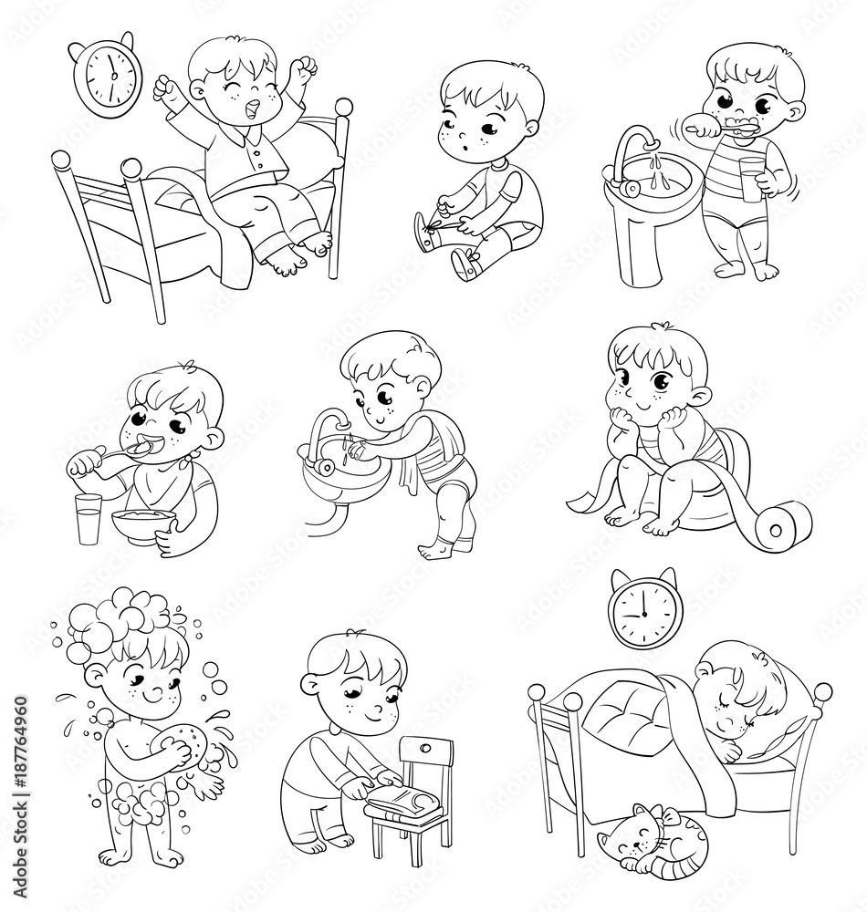 Cartoon kid daily routine activities set