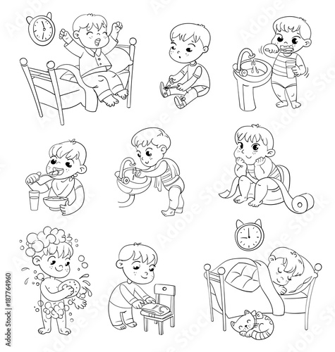 Cartoon kid daily routine activities set