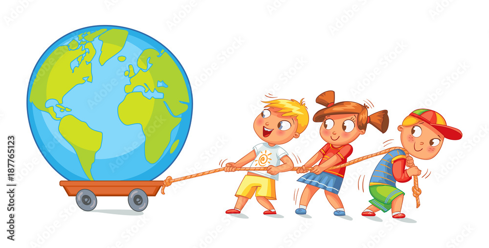 Children pulling wagon with a globe