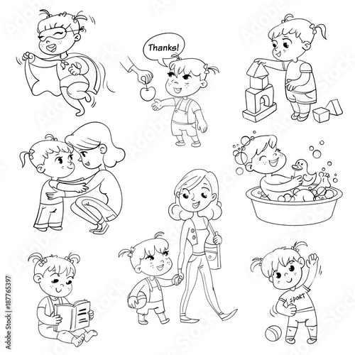 Cartoon kid daily routine activities set