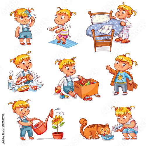 Cartoon kid daily routine activities set