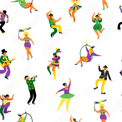 Mardi gras. Seamless pattern with funny dancing men and women in bright costumes