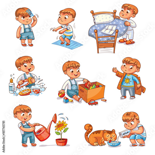 Cartoon kid daily routine activities set