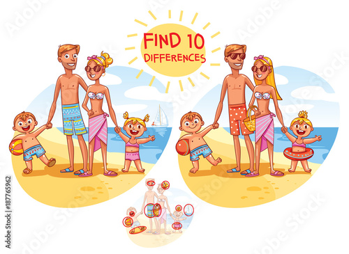Find the 10 differences. Happy family on vacation