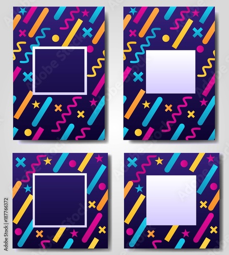 Vector set of blue abstract geometric, retro,memphis frame,banner,greeting card of different colors with shapes