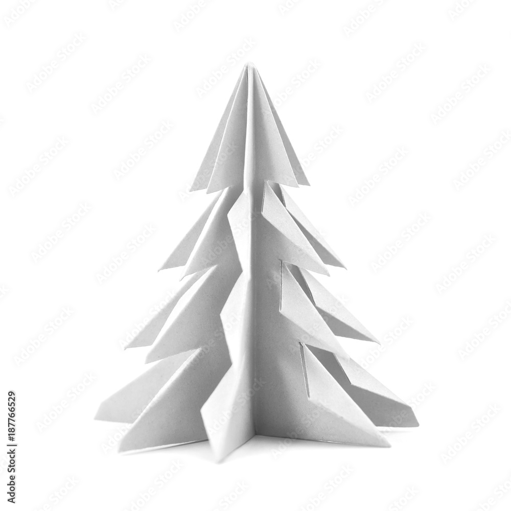 Origami Christmas tree with paper isolated on white background for decoration, front view. Origami Christmas tree with paper isolated on white background for decoration, front view.