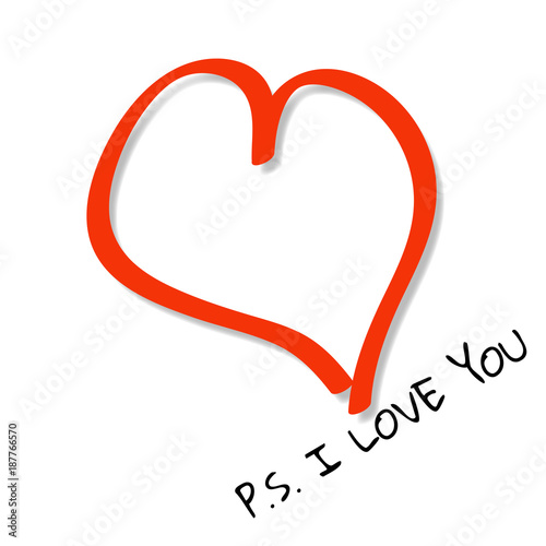 Red heart casts shadow on white background with text P.S. I LOVE YOU. 