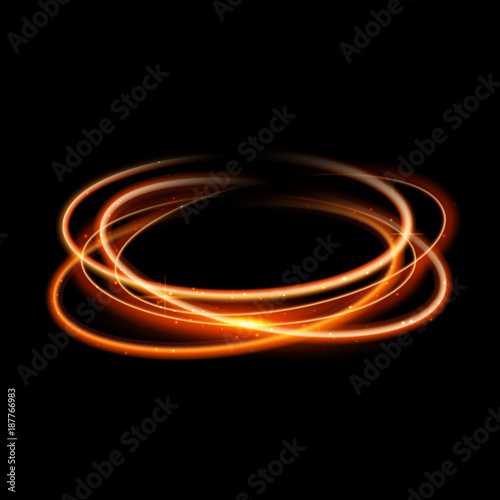 Gold circle light effect background. Swirl glow magic line trail. Light effect motion