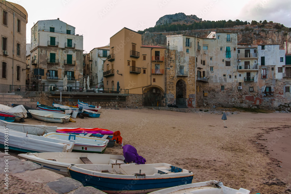 Touristic and vacation pearl of Sicily, boats en small town of Cefaly, Sicily, south Italy