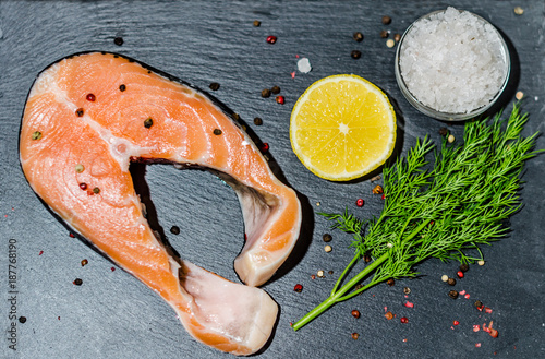healthy food, seafood - steak fresh salmon with a slice of lemon