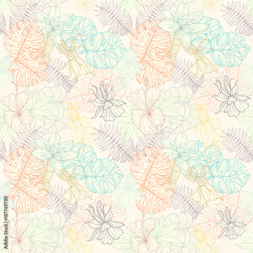 Wallpaper Mural Seamless tropical palm leaves and flowers pattern Torontodigital.ca