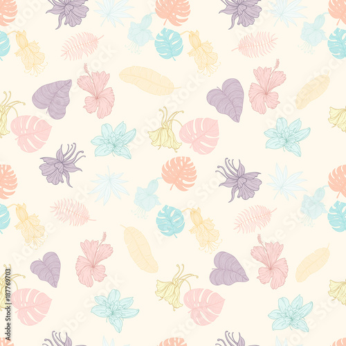 Seamless tropical palm leaves and flowers pattern