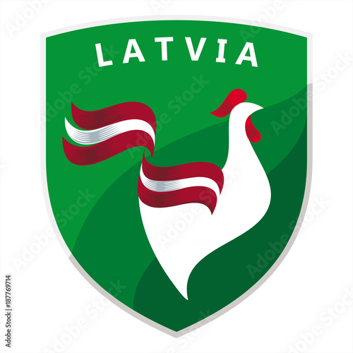Петух, флаг Латвии, Эмблема на зеленом щите, иллюстрация, вектор 