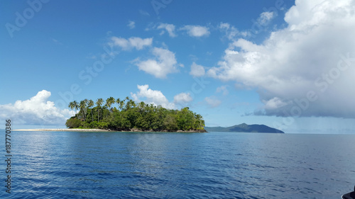 Forest palm tree island surrounded by blue water and the bright sky with mountain background