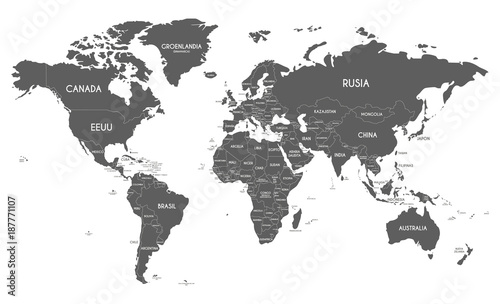 Political World Map vector illustration isolated on white background with country names in spanish. Editable and clearly labeled layers.