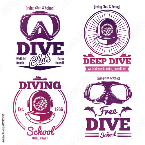 Bright diving school or dive club emblem set design