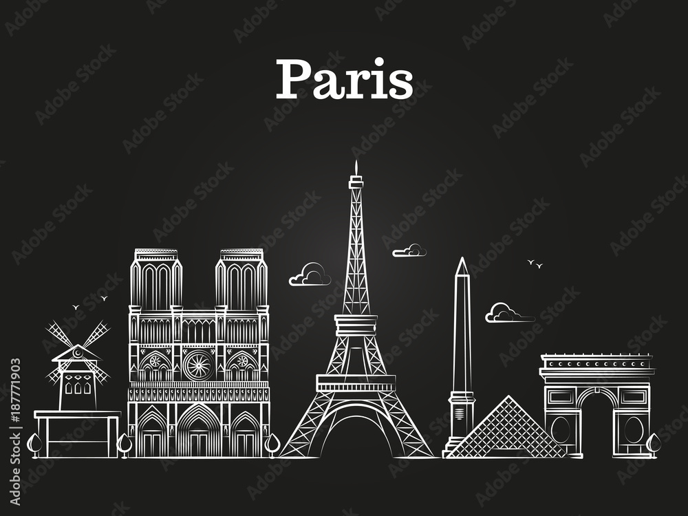 Outline french architecture, paris panorama city skyline vector