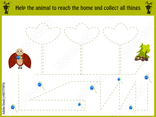 Cartoon illustration of education. Matching game for preschool kids trace the path of ladybugs in the forest and collect all the flowers. Education and games. Learn handwriting. Vector