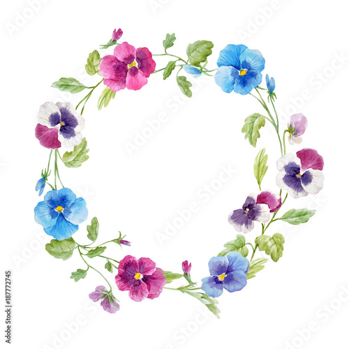 Watercolor pansy flower vector wreath
