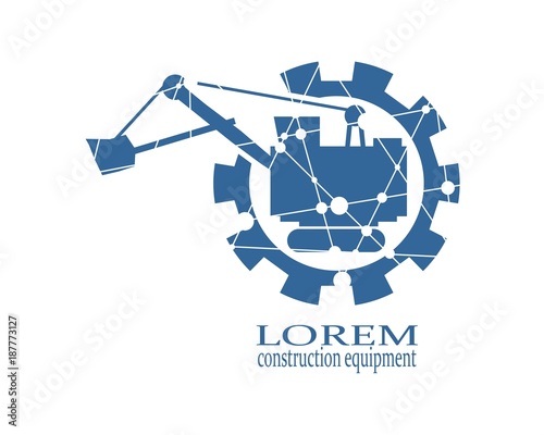 Flat big excavator in gear. Emblem for construction or mining equipment company. Lines connected with dots texture