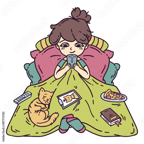 Girl resting in bed. Isolated objects on white background. Vector illustration.