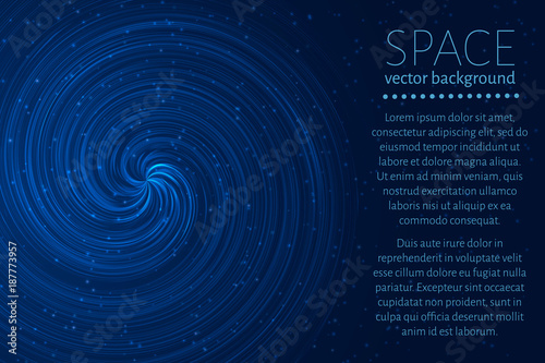 Dark blue wavy space background. Glowing spiral cosmic banner with sample text . Futuristic vector illustration. Easy to edit design template.