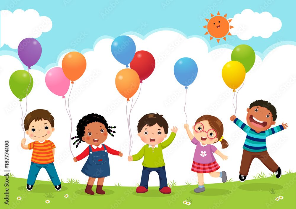 Happy kids jumping together and holding balloons