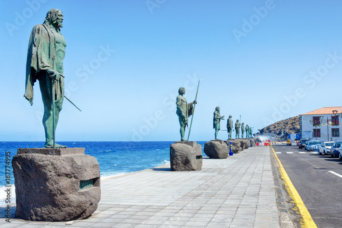 Plaza of the patron of Canaries Guanches with statues. The last kings of Tenerife in bronze statuary and oversized. Candelaria, Tenerife island, Spain. photo