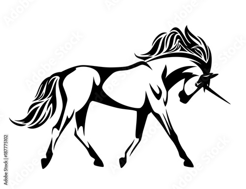 running unicorn horse - black and white side view vector design