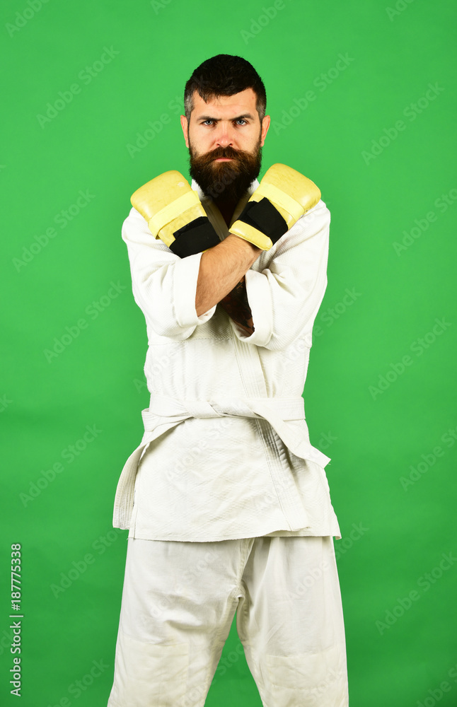 Karate man with serious face in uniform and boxing gloves Karate man with serious face in uniform and boxing gloves