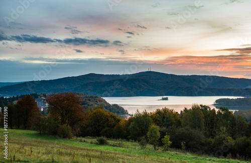 Sunrise over the Solina lake in Polanczyk, Bieszczady, Poland