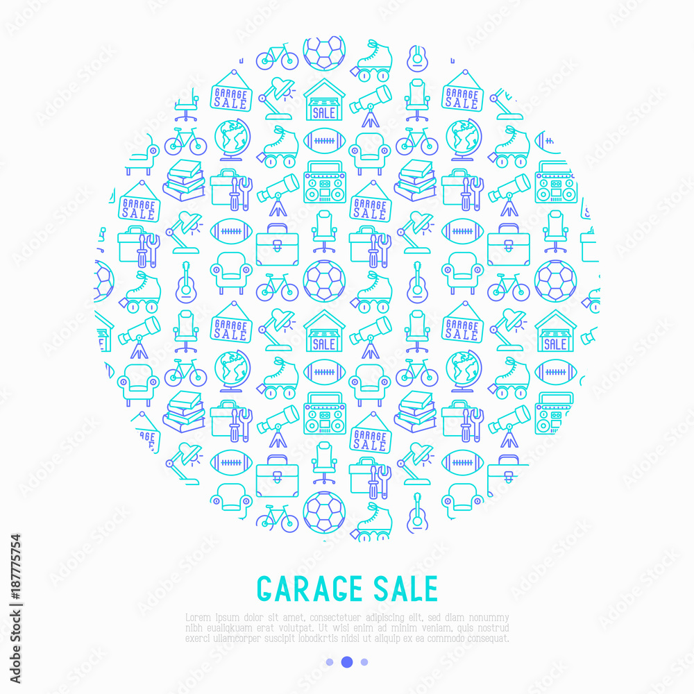 Garage sale concept in circle with thin line icons: signboard, globe,  telescope,guitar, rollers, armchair, toolbox, soccer ball. Modern vector  illustration, web page template. Stock Vector | Adobe Stock