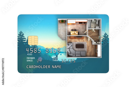 Concept of purchase or payment for housing illustration of illustration of housing located on a credit card 3d render