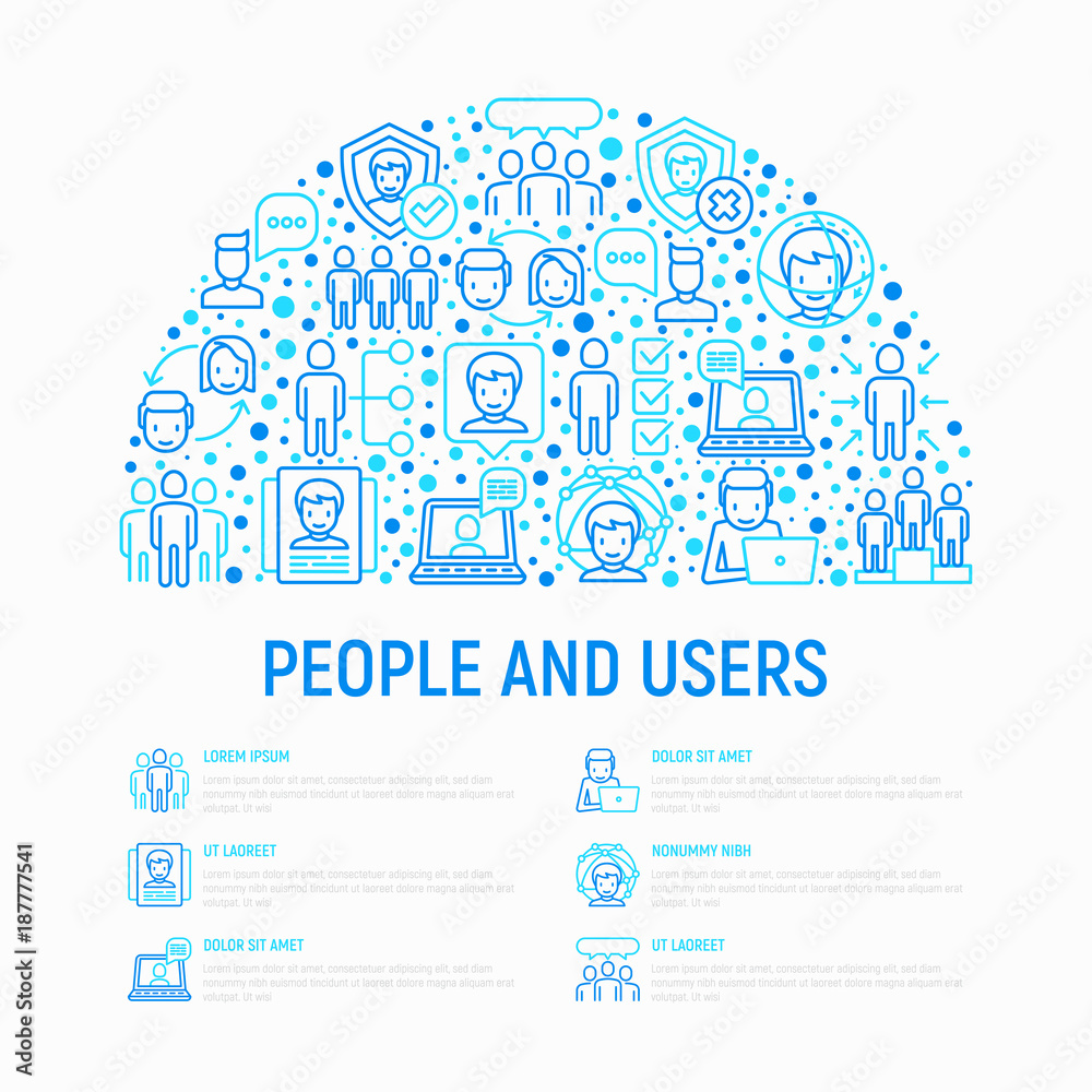 People and users concept in half circle with thin line icons: management, communication, human resources, teamwork, candidate. Modern vector illustration, web page template.