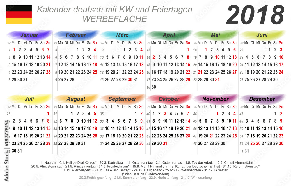 Kalender 2018 - bunte Wasserfarben - quer - deutsch - mit Feiertagen