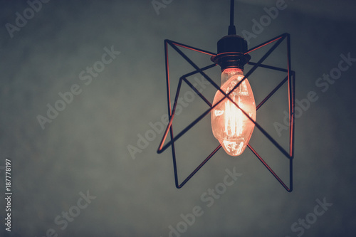 Decoration antique edison led light style filament light bulbs , turn on the light with Gray background and copyspace ,color vintage style,Thailand