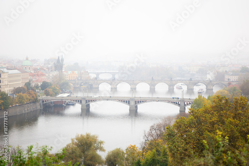 Top view of river Vltava and Prague bridges