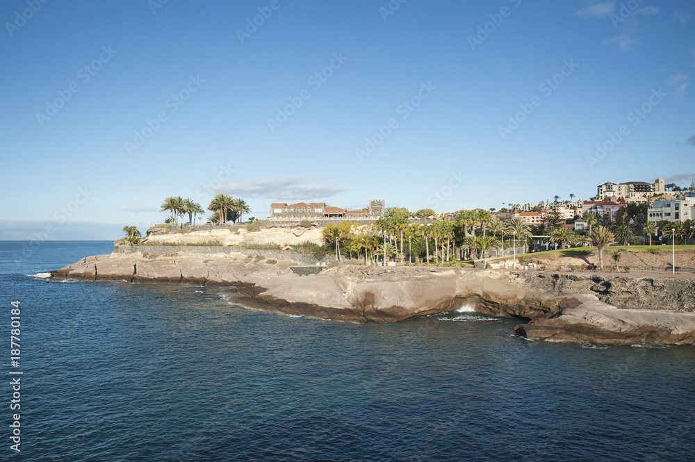Fresh and clear sky, early morning,  with views towards Casa del Duque and the popular resort of Costa Adeje, Tenerife, Canary Islands, Spain 