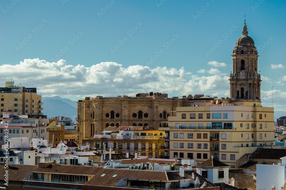 Panoramic views of the buildings and flats of the city center of Malaga, Andalusia, Spain. Beautiful urban landscape in a clear day.